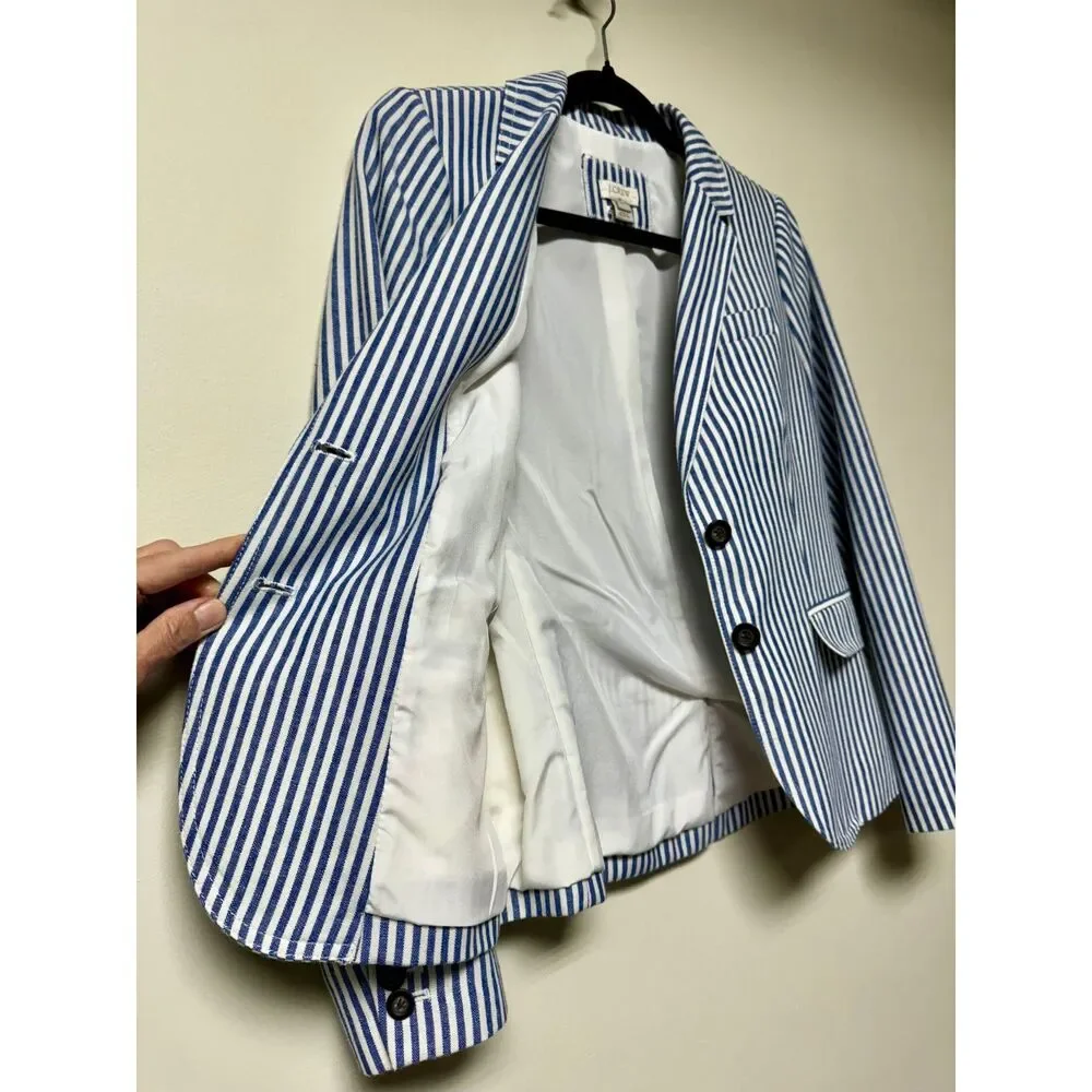 J. CREW FACTORY Blue/White Striped 2 Pocket 2 Button Blazer, Cotton Blend, Sz 2